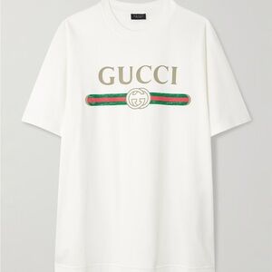 Gucci White Logo Tee with Green and Red Stripe